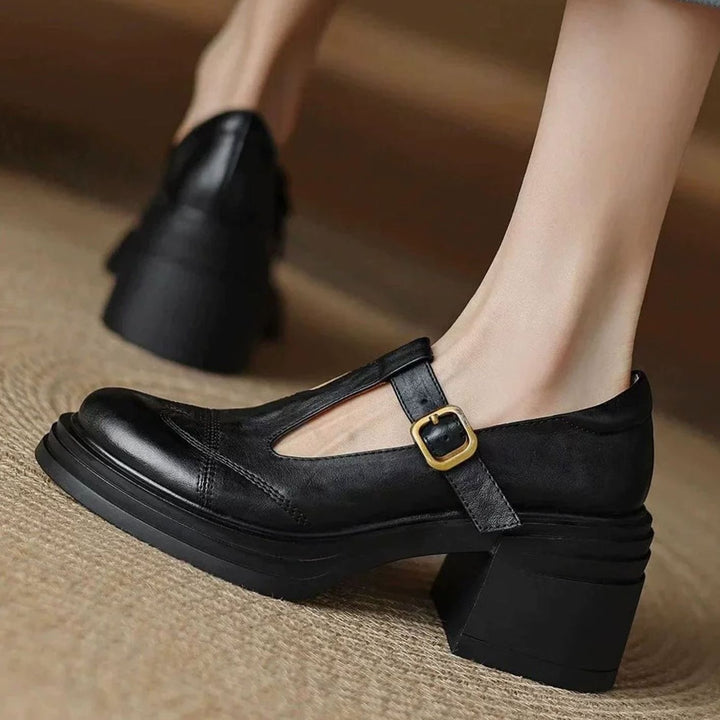 Women's Vintage-Inspired Leather Block-Heel T-Strap Shoes - Black