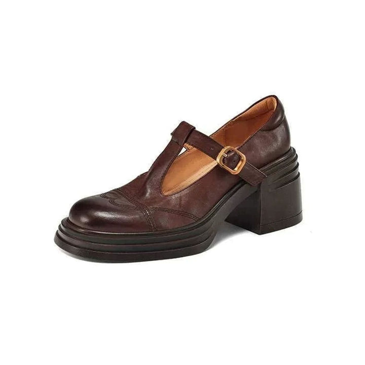 Women's Vintage-Inspired Leather Block-Heel T-Strap Shoes