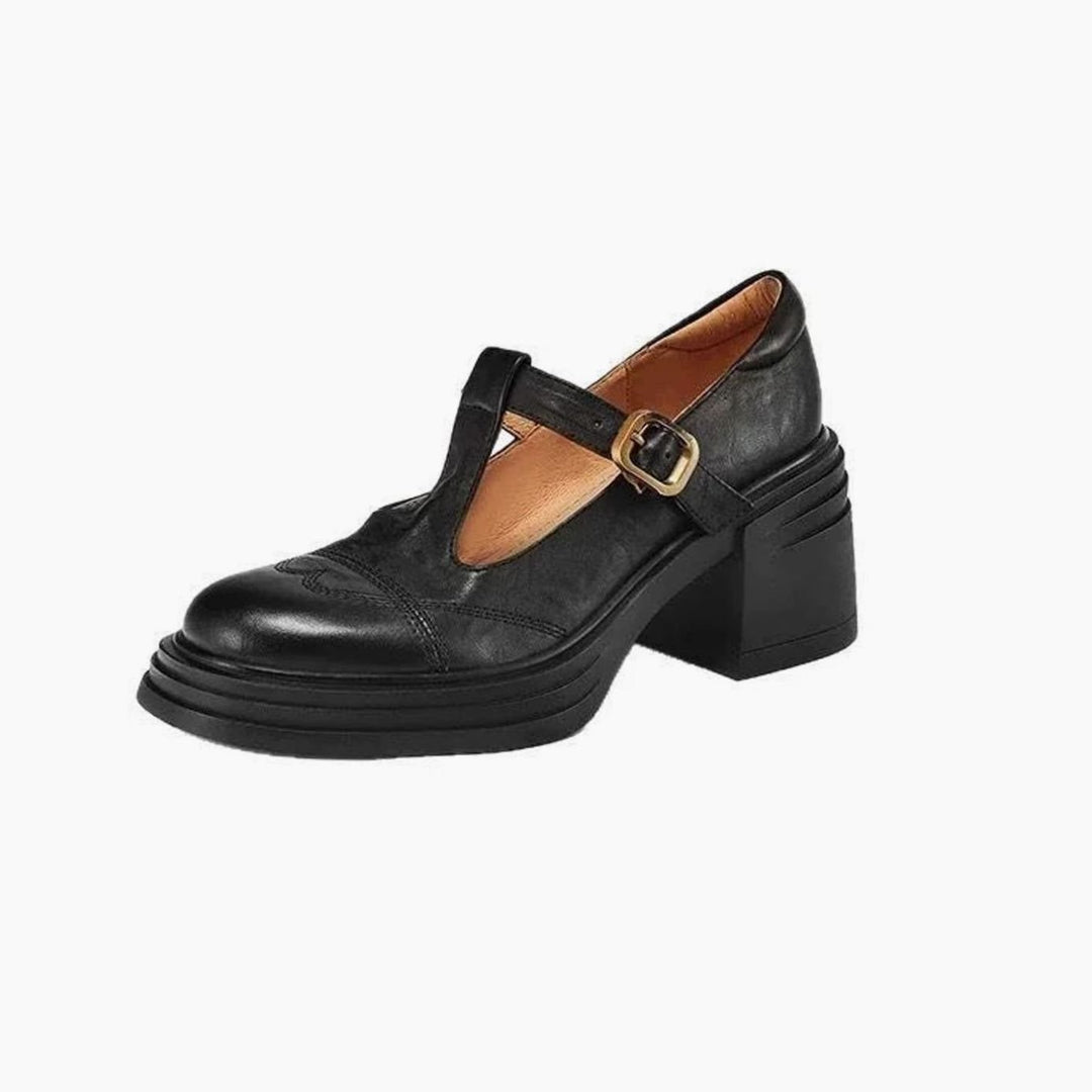 Women's Vintage-Inspired Leather Block-Heel T-Strap Shoes