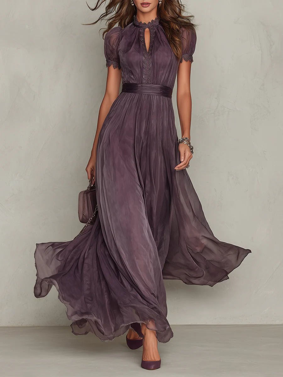 Women's Vintage Lace-Trim High-Neck Flowy Chiffon Maxi Dress - Purple