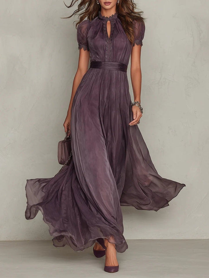 Women's Vintage Lace-Trim High-Neck Flowy Chiffon Maxi Dress - Purple