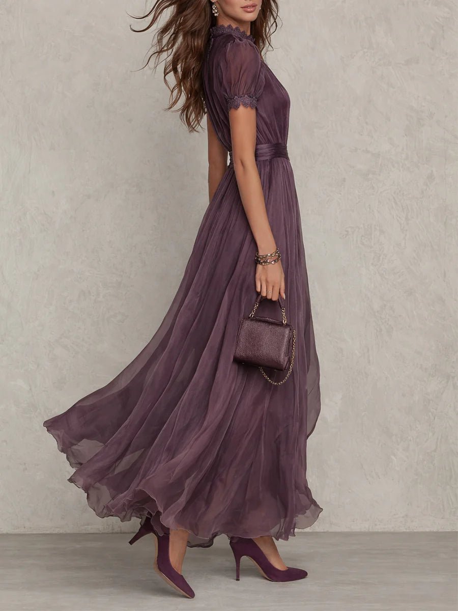 Women's Vintage Lace-Trim High-Neck Flowy Chiffon Maxi Dress