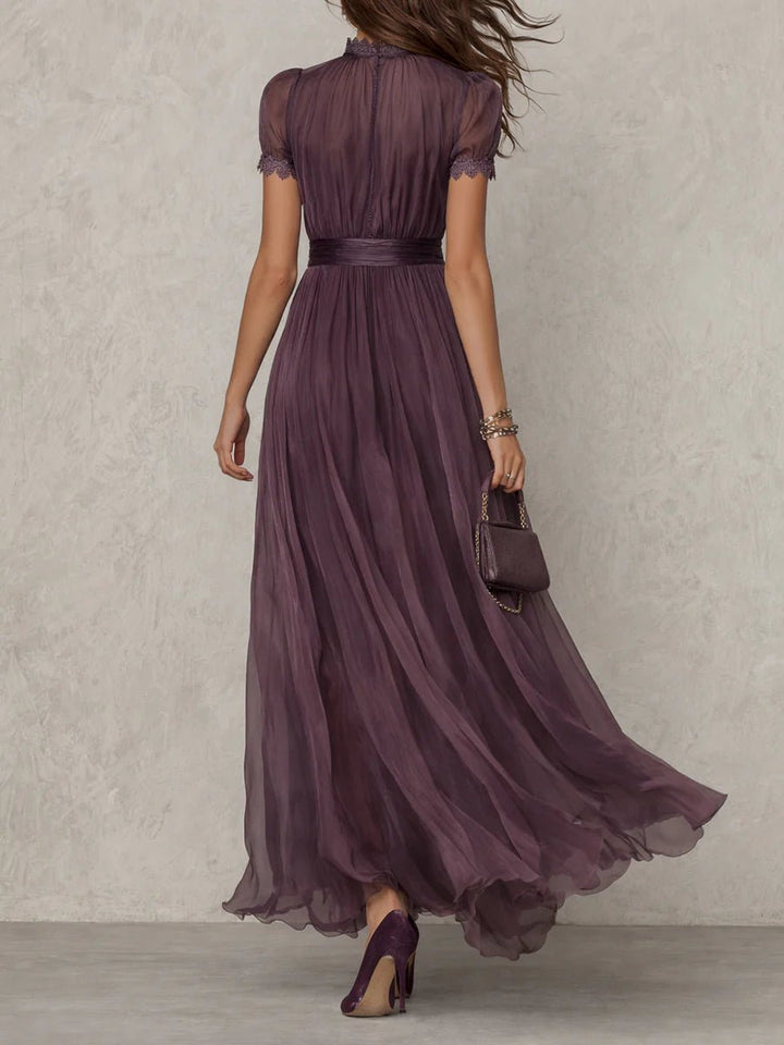 Women's Vintage Lace-Trim High-Neck Flowy Chiffon Maxi Dress