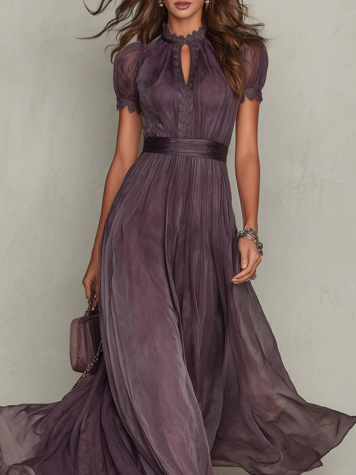 Women's Vintage Lace-Trim High-Neck Flowy Chiffon Maxi Dress