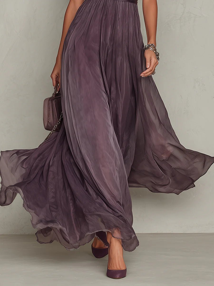 Women's Vintage Lace-Trim High-Neck Flowy Chiffon Maxi Dress