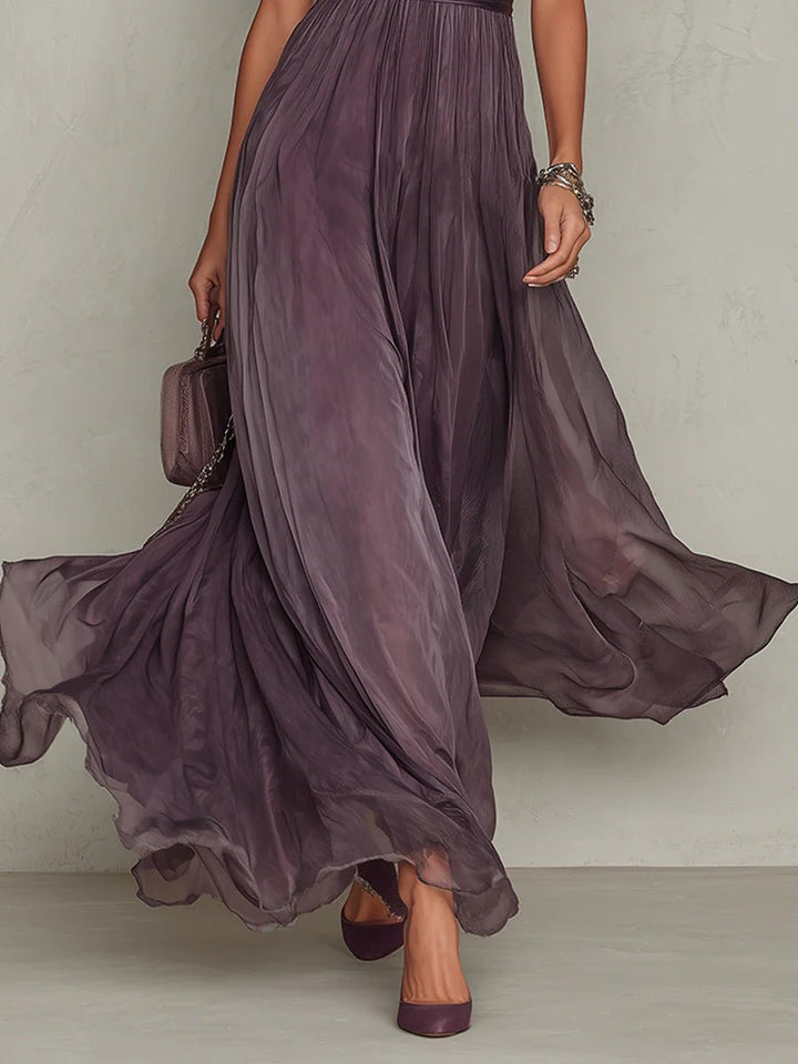 Women's Vintage Lace-Trim High-Neck Flowy Chiffon Maxi Dress