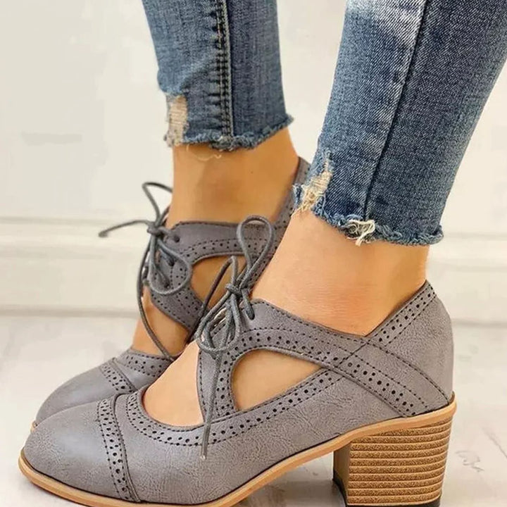 Women's Vintage Lace-Up Block-Heel T-Strap Shoes - Gray