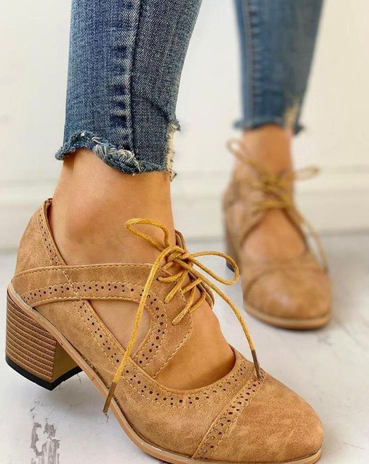 Women's Vintage Lace-Up Block-Heel T-Strap Shoes