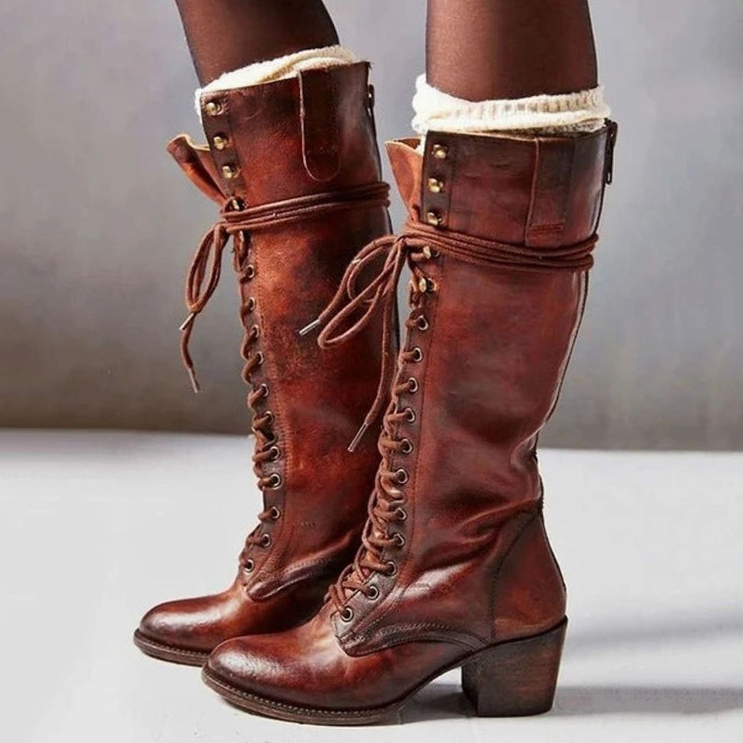 Women's Vintage Lace-Up High Heel Knee-High Boots - Reddish Brown