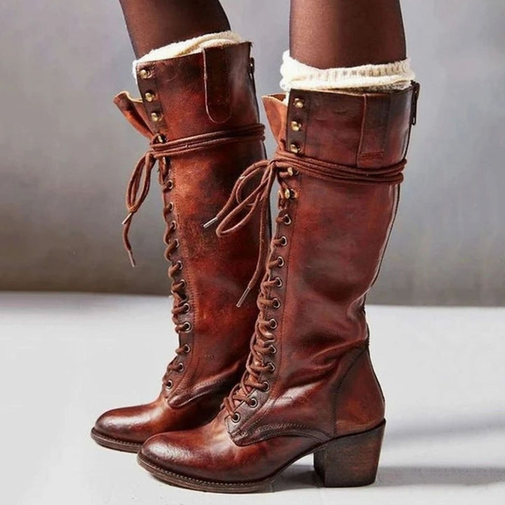 Women's Vintage Lace-Up High Heel Knee-High Boots - Reddish Brown
