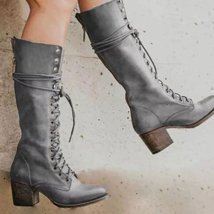 Women's Vintage Lace-Up High Heel Knee-High Boots - Grey