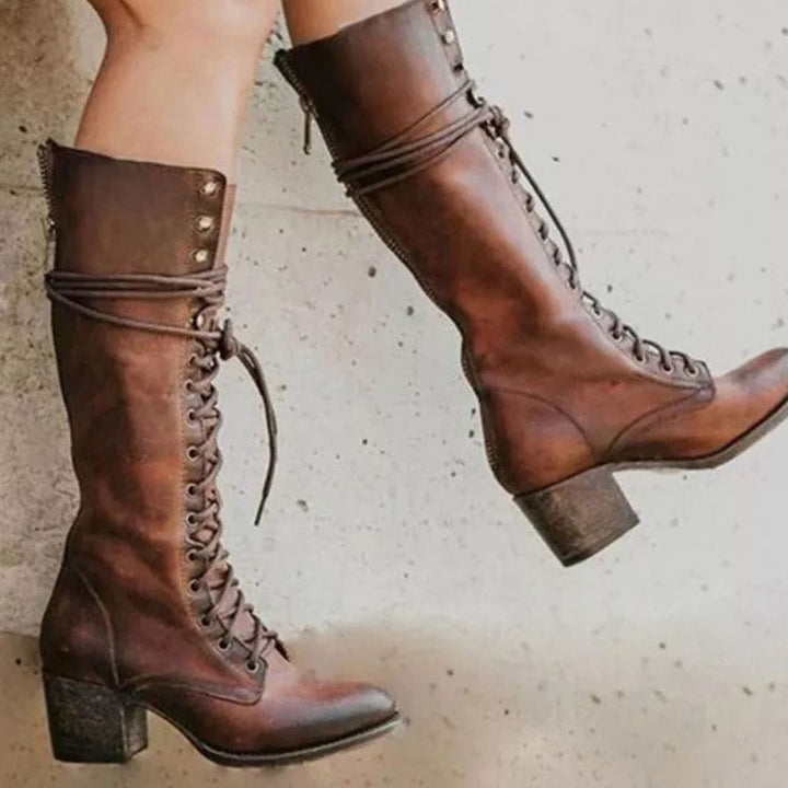 Women's Vintage Lace-Up High Heel Knee-High Boots - Brown
