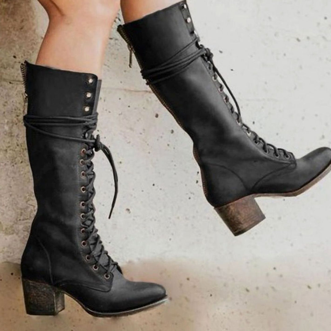 Women's Vintage Lace-Up High Heel Knee-High Boots - Black