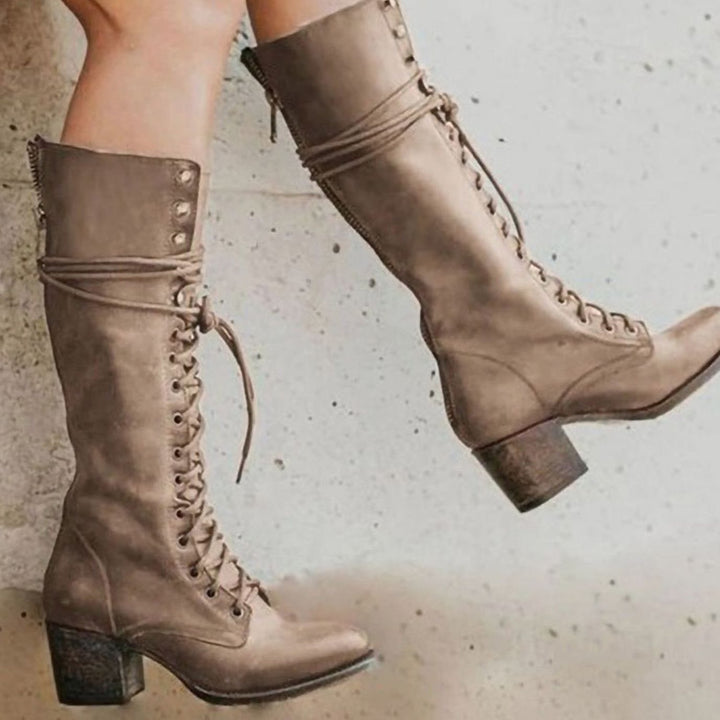 Women's Vintage Lace-Up High Heel Knee-High Boots - Khaki