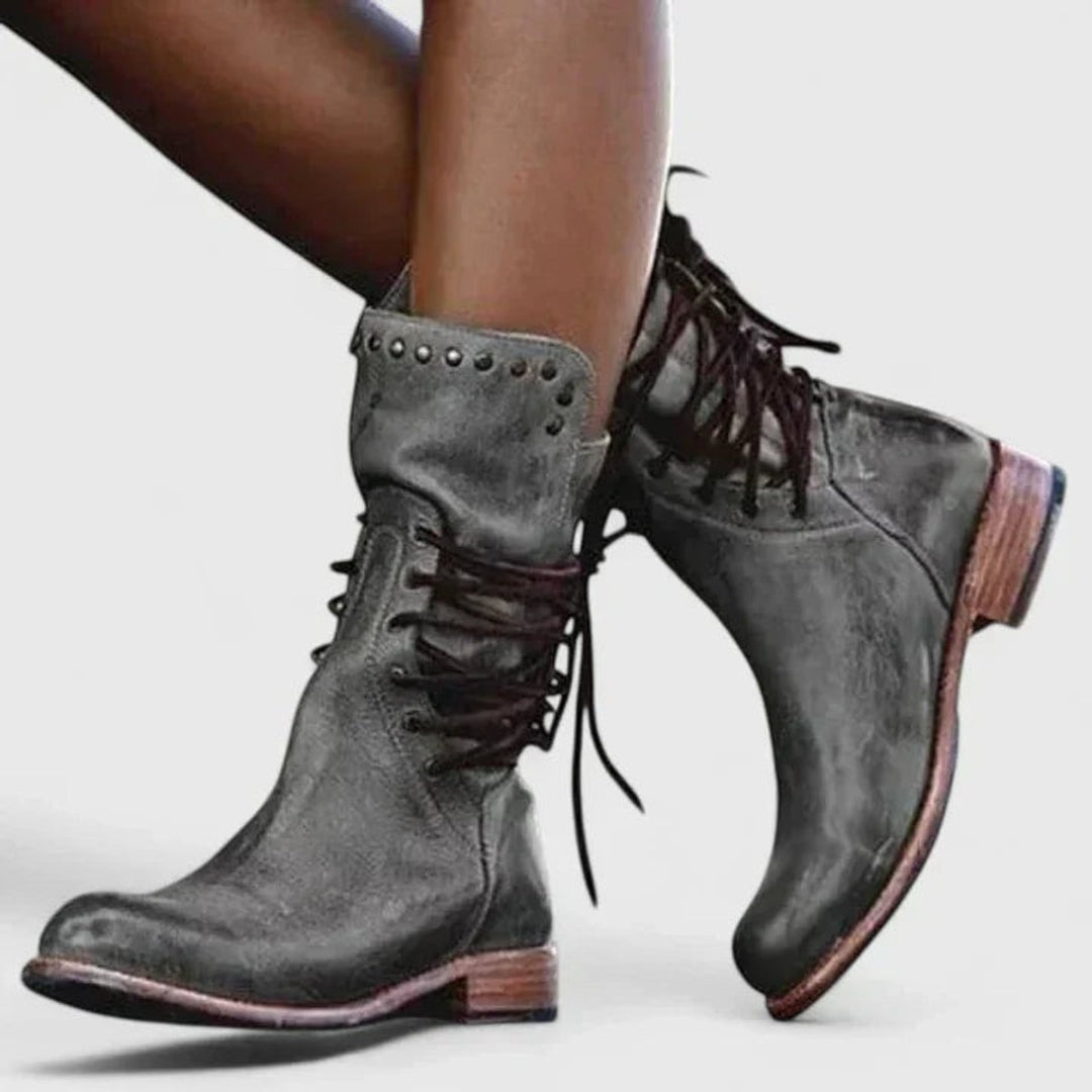 Women's Vintage Lace-Up Studded Knee High Boots Low Block Heel - Gray