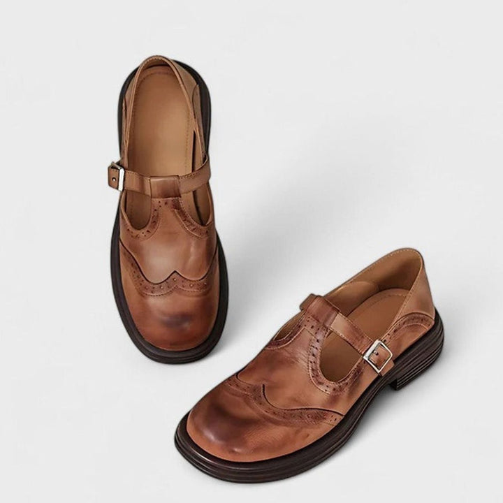 Women's Vintage Leather Brogue T-Strap Shoes Buckle Closure