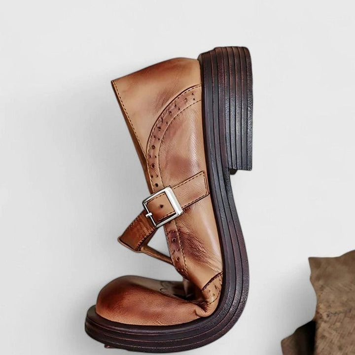 Women's Vintage Leather Brogue T-Strap Shoes Buckle Closure
