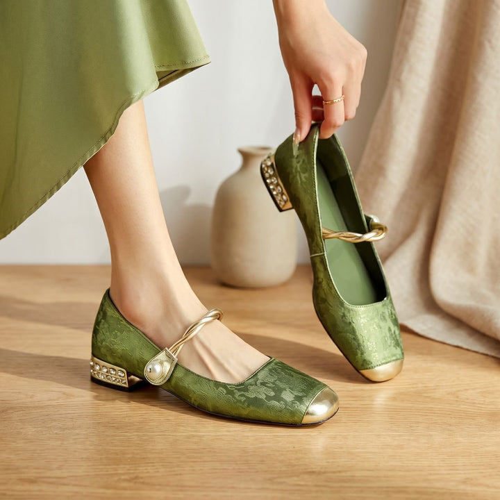 Women's Vintage Low Block-Heel Mary Jane Flats - Green