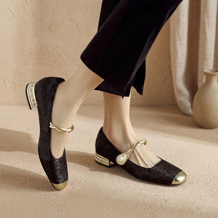 Women's Vintage Low Block-Heel Mary Jane Flats - Black