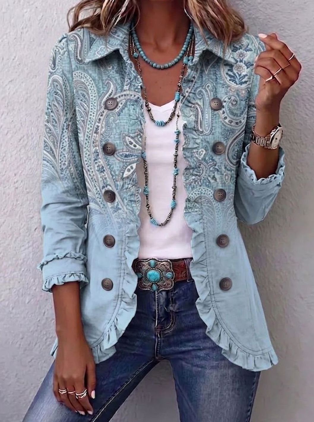 Women's Vintage Paisley Print Ruffled Button-Up Jacket - Sky Blue