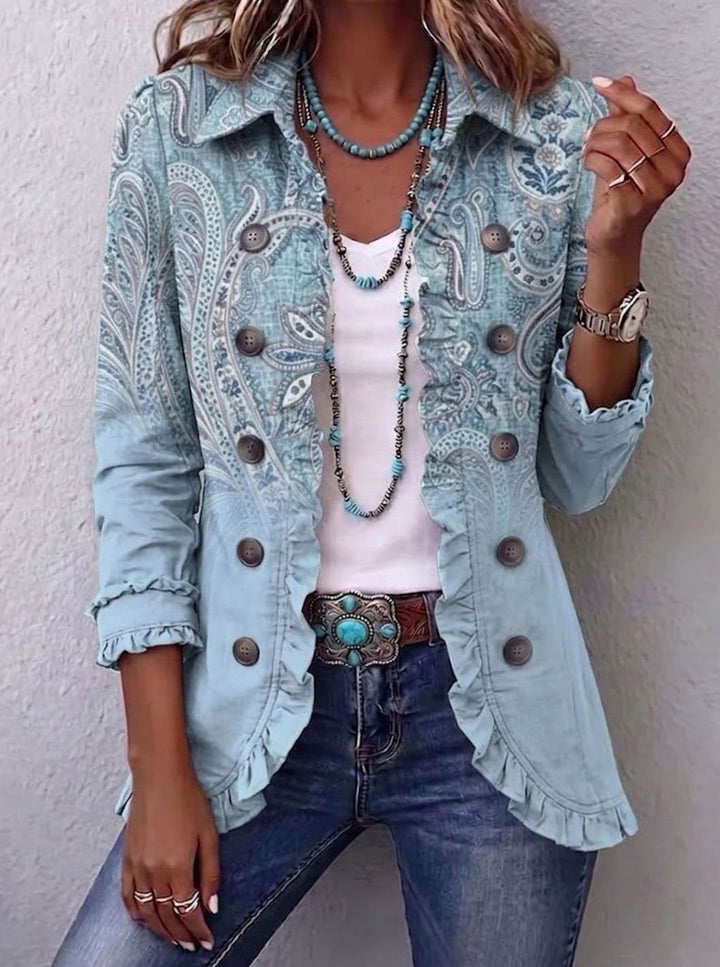 Women's Vintage Paisley Print Ruffled Button-Up Jacket - Sky Blue