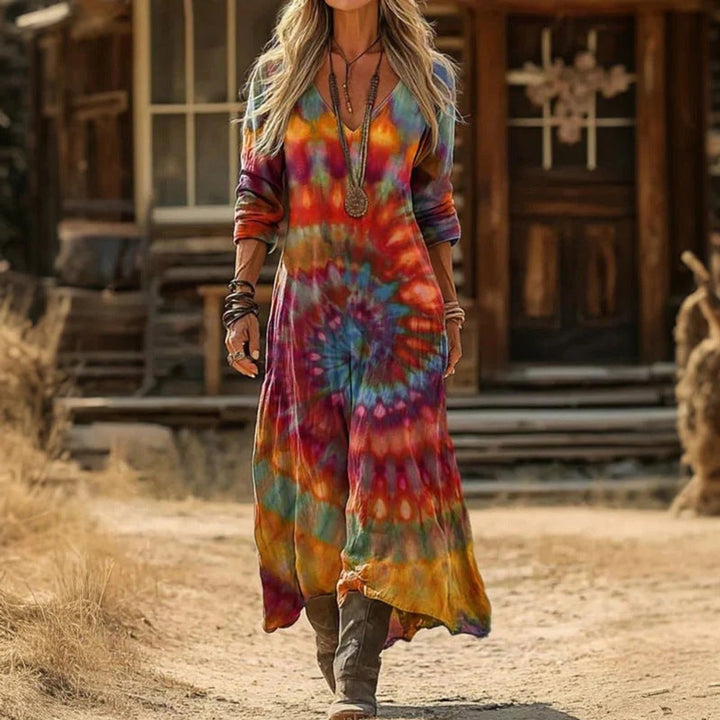 Women's Vintage-Print Relaxed-Fit V-Neck Long Sleeve Dress - Multicolor