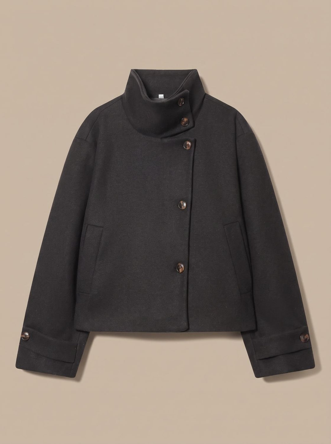 Women's Vintage Stand-Collar Wool-Blend Short Coat - Black
