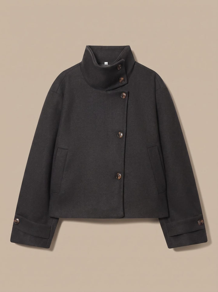 Women's Vintage Stand-Collar Wool-Blend Short Coat - Black