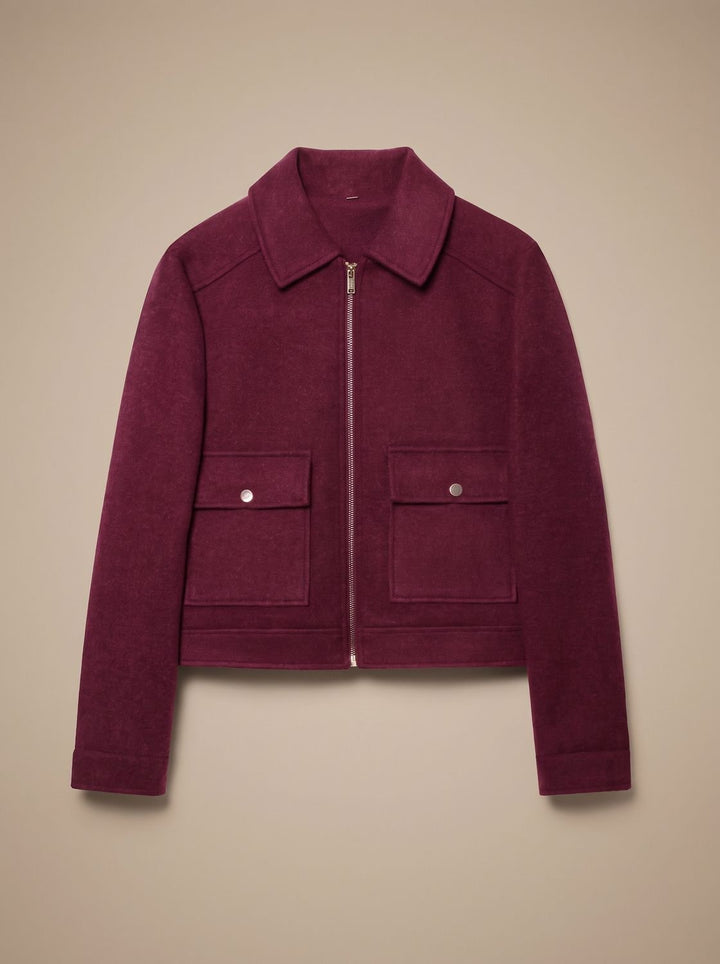 Women's Vintage Stand-Collar Wool-Blend Short Coat - Burgundy