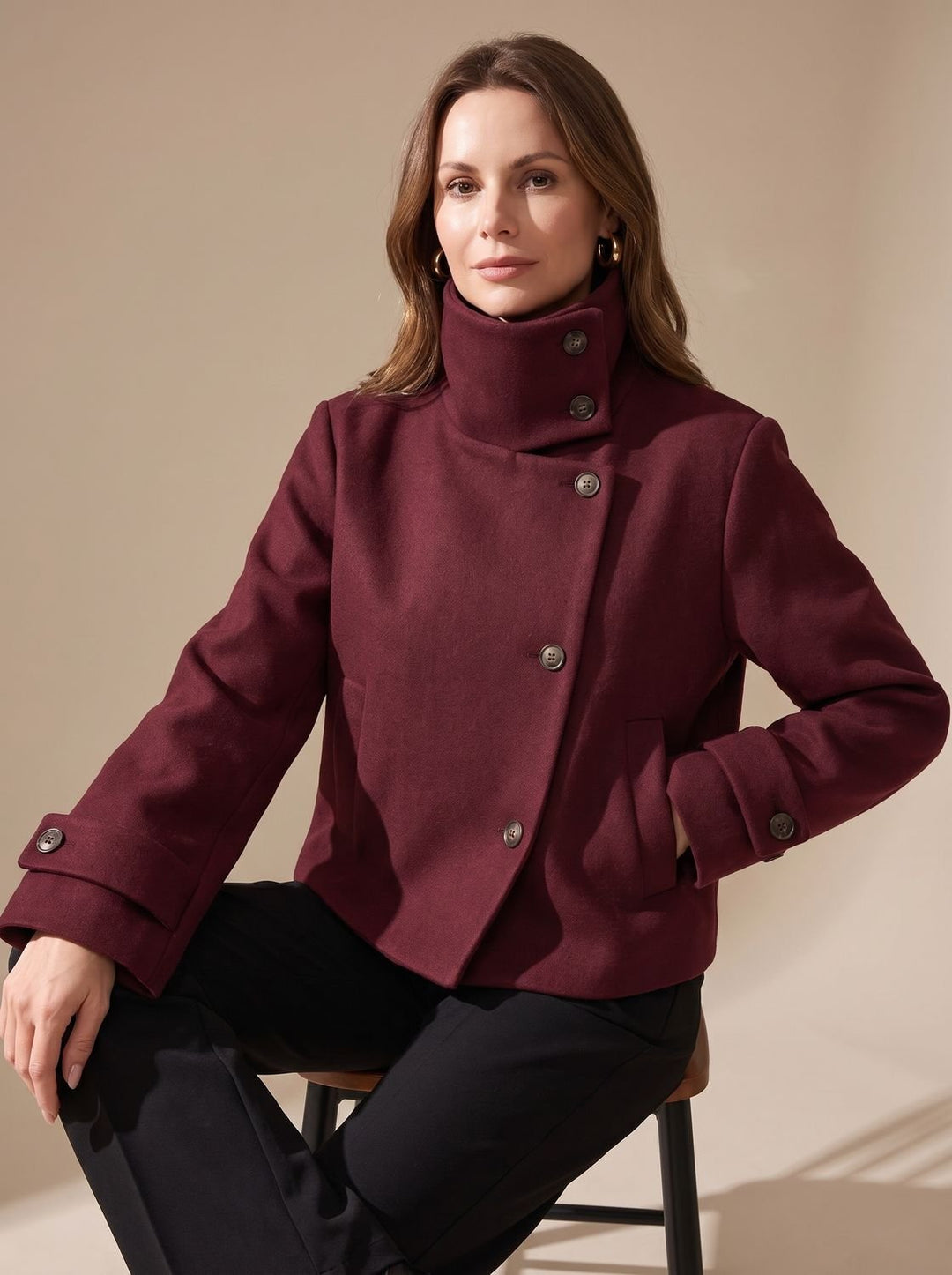Women's Vintage Stand-Collar Wool-Blend Short Coat