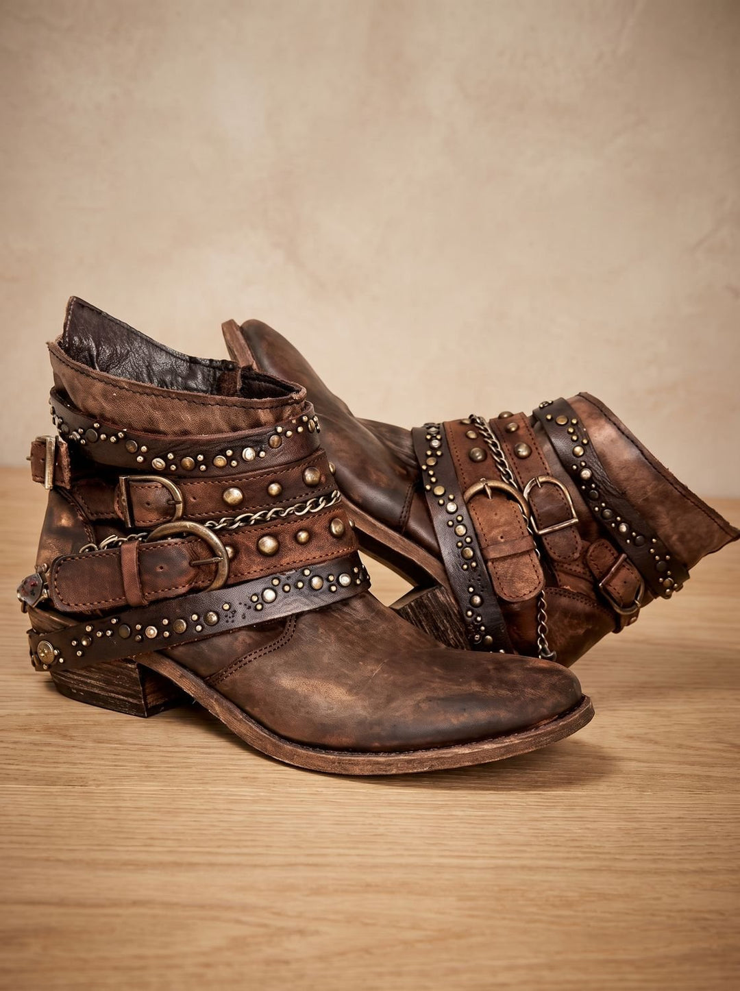Women's Vintage Studded Buckle-Strap Western Ankle Boots