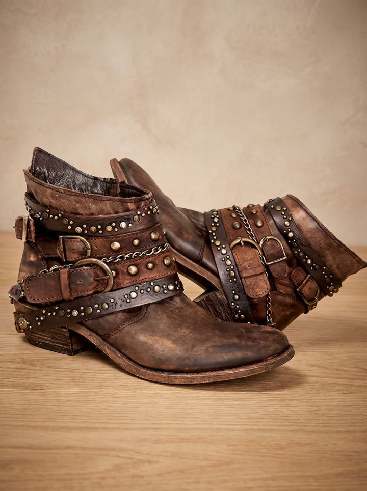Women's Vintage Studded Buckle-Strap Western Ankle Boots