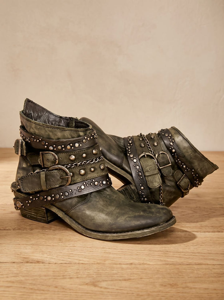 Women's Vintage Studded Buckle-Strap Western Ankle Boots