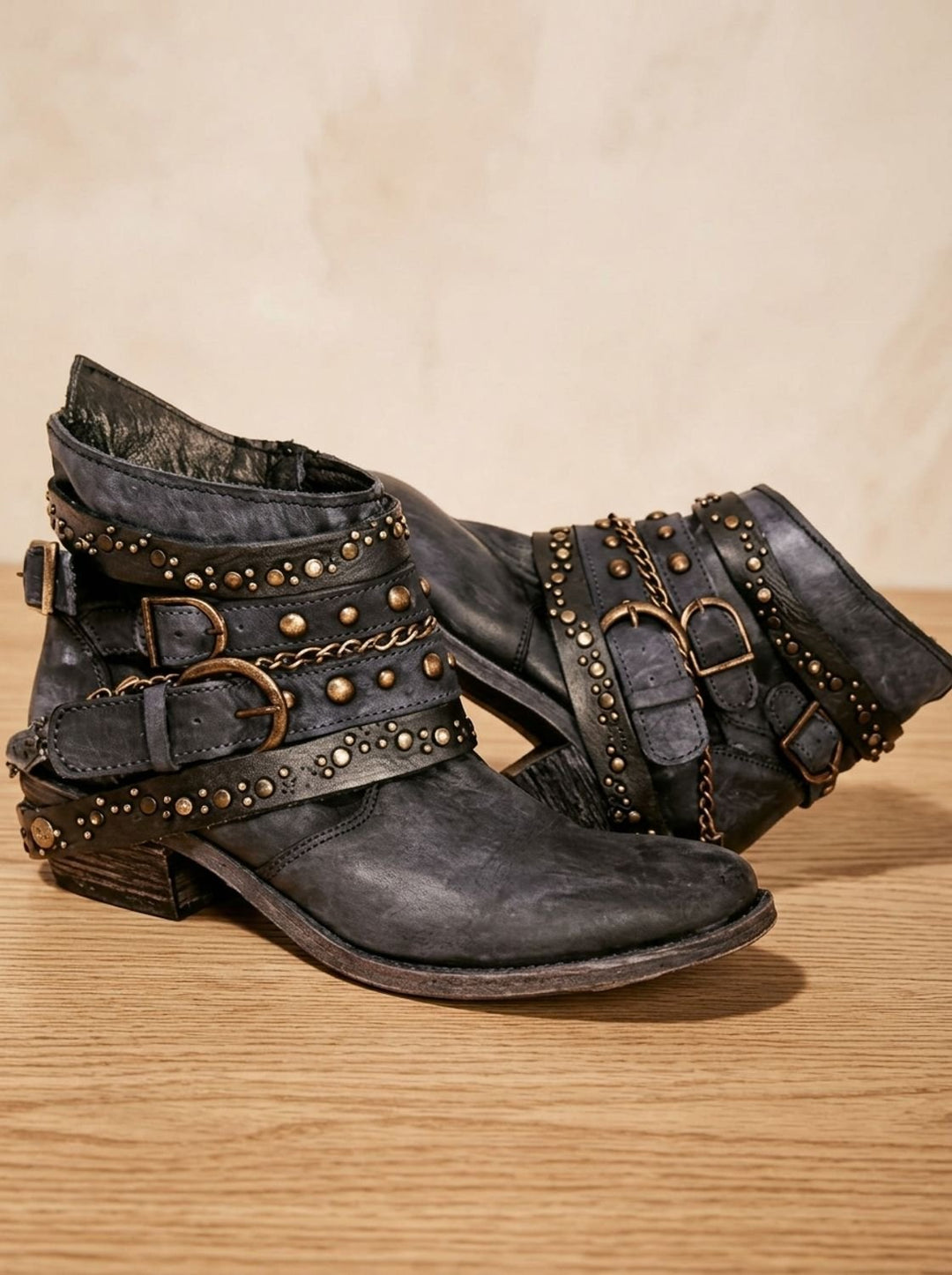 Women's Vintage Studded Buckle-Strap Western Ankle Boots