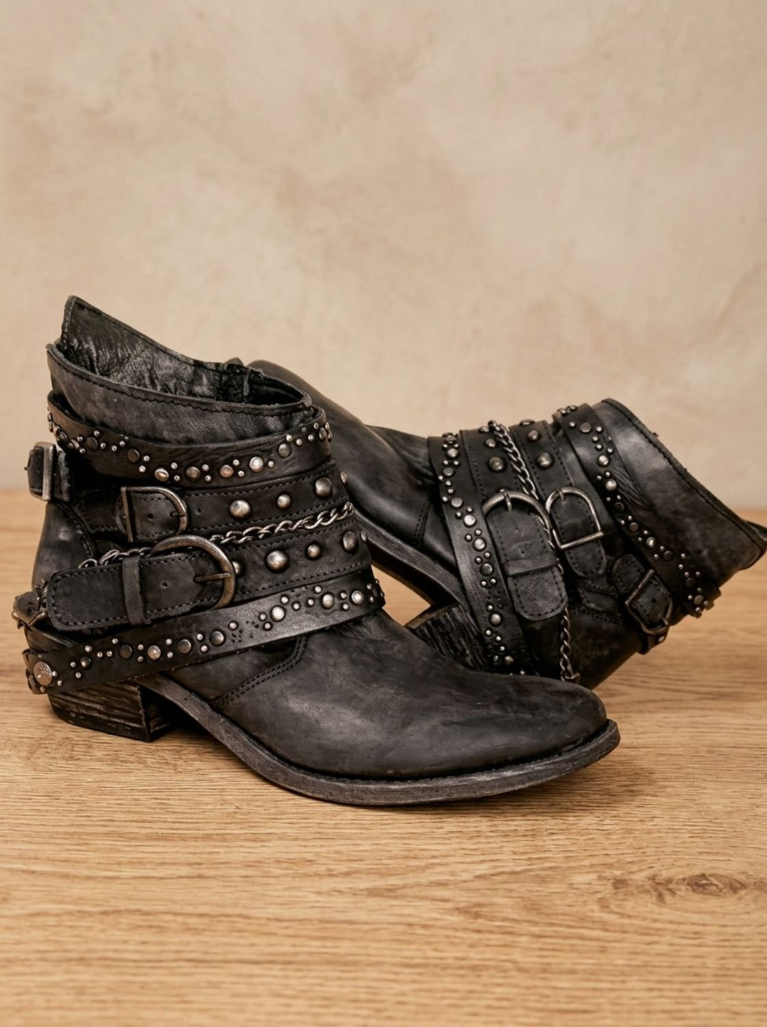 Women's Vintage Studded Buckle-Strap Western Ankle Boots
