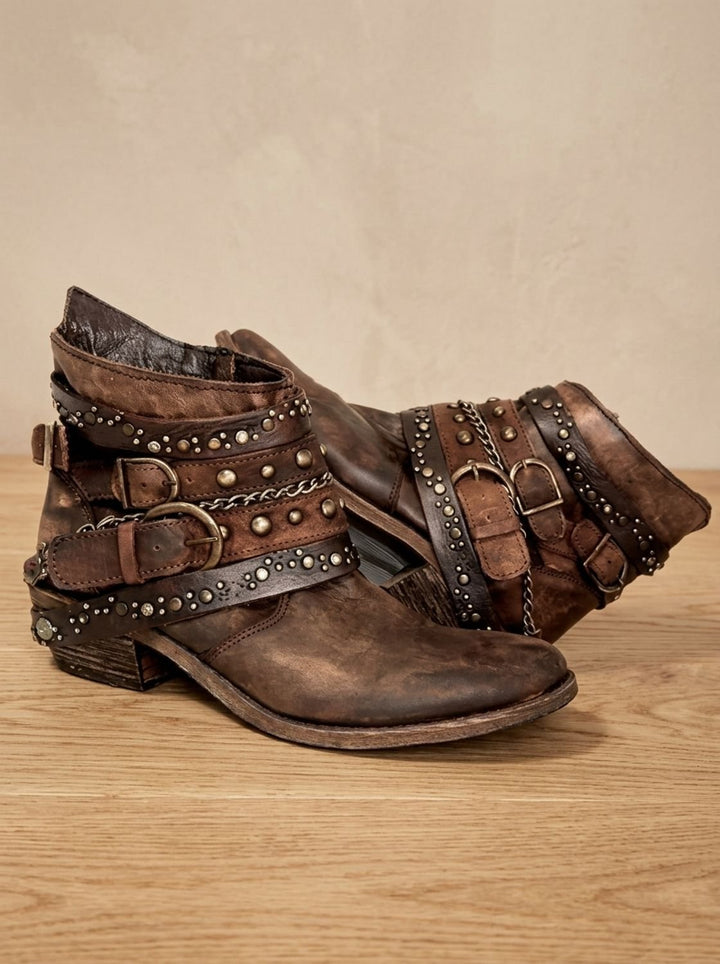 Women's Vintage Studded Buckle-Strap Western Ankle Boots