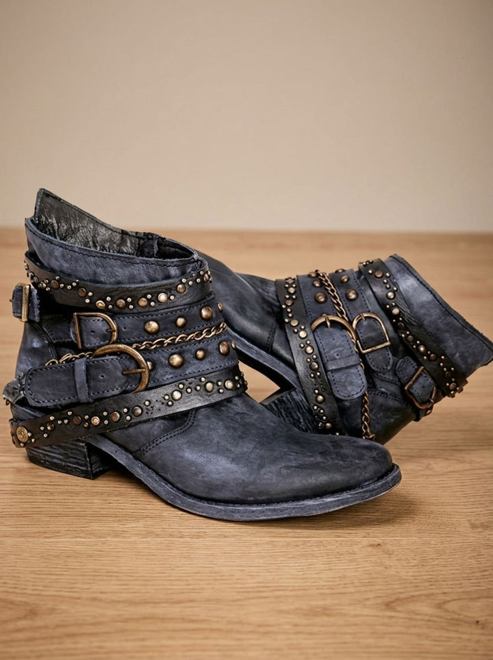 Women's Vintage Studded Buckle-Strap Western Ankle Boots - Blue