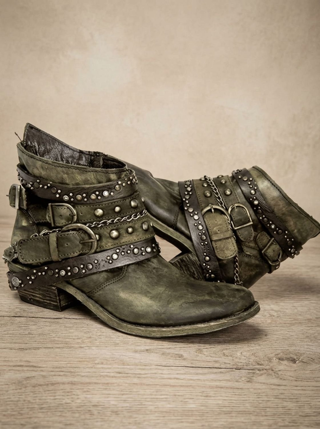 Women's Vintage Studded Buckle-Strap Western Ankle Boots - Green