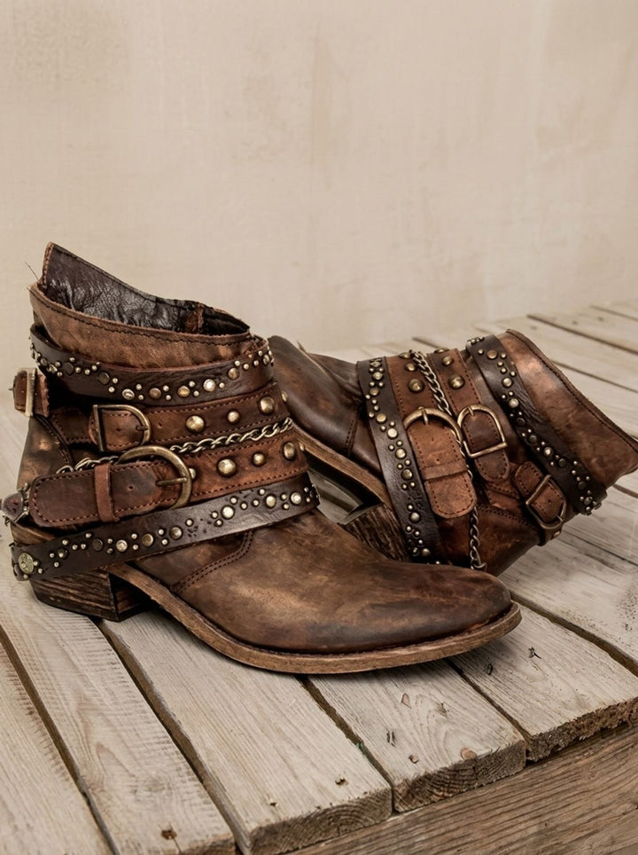 Women's Vintage Studded Buckle-Strap Western Ankle Boots - Brown
