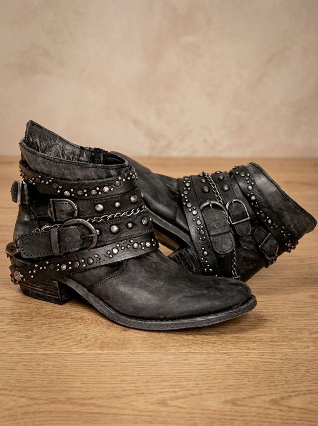 Women's Vintage Studded Buckle-Strap Western Ankle Boots - Black