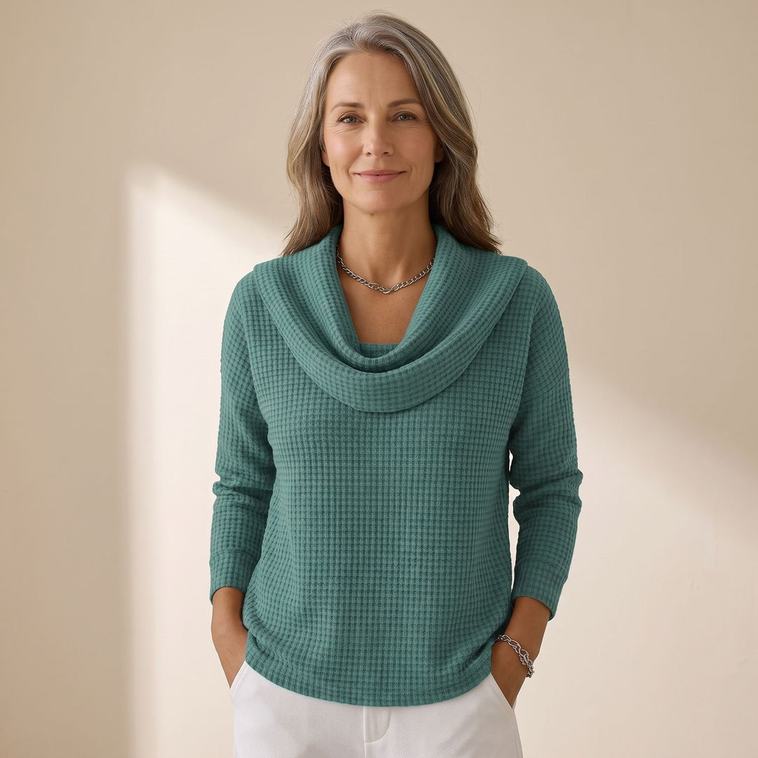 Women's Waffle-Knit Cowl Neck Long Sleeve Sweater - Green