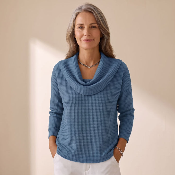Women's Waffle-Knit Cowl Neck Long Sleeve Sweater - Blue