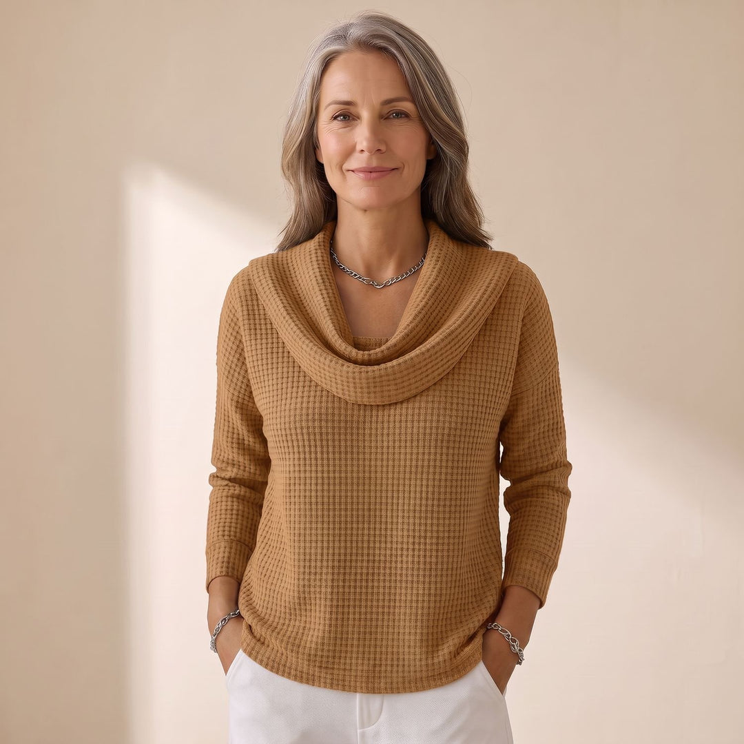 Women's Waffle-Knit Cowl Neck Long Sleeve Sweater - Caramel Brown