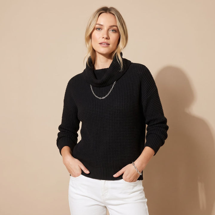 Women's Waffle-Knit Cowl Neck Long Sleeve Sweater - Black