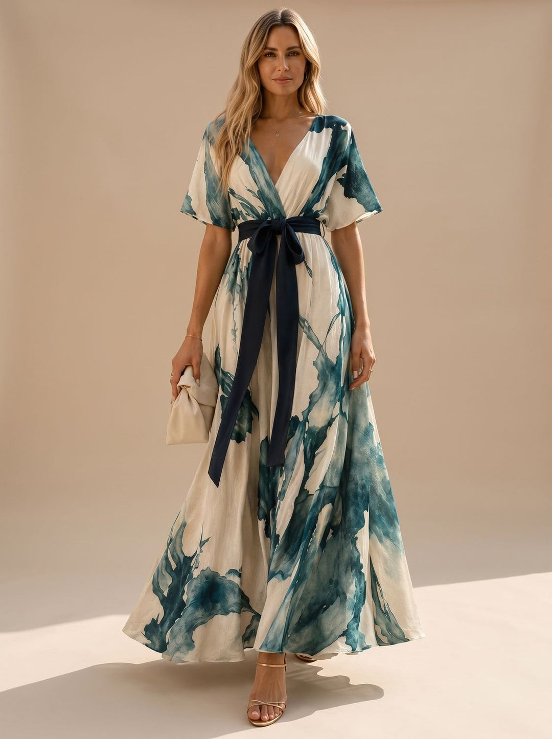 Women's Watercolor Print V-Neck Belted Maxi Dress