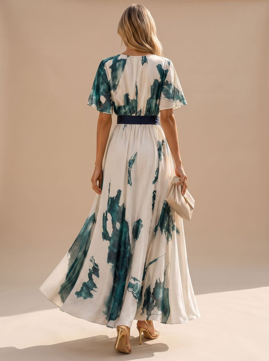 Women's Watercolor Print V-Neck Belted Maxi Dress