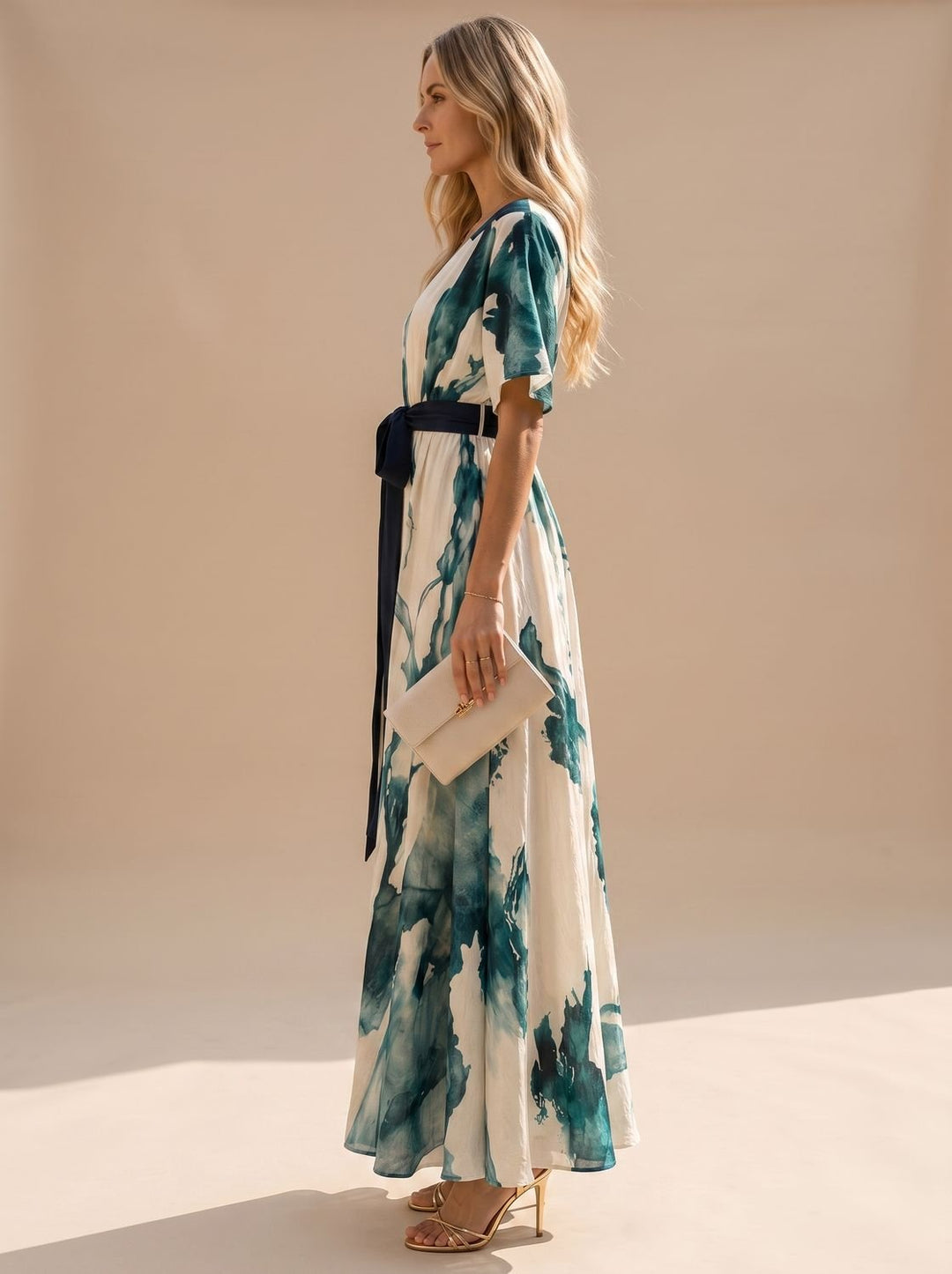 Women's Watercolor Print V-Neck Belted Maxi Dress