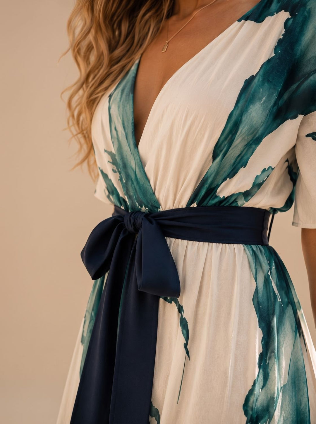 Women's Watercolor Print V-Neck Belted Maxi Dress