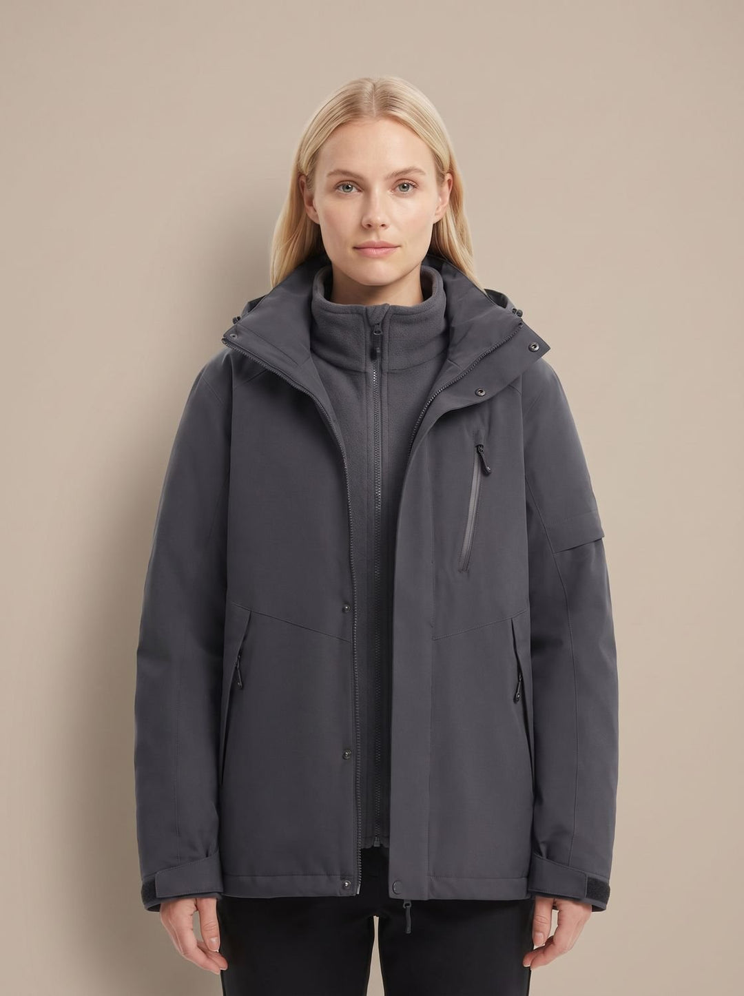 Women's Waterproof Hooded 3-in-1 Winter Jacket Fleece-Lined - Black