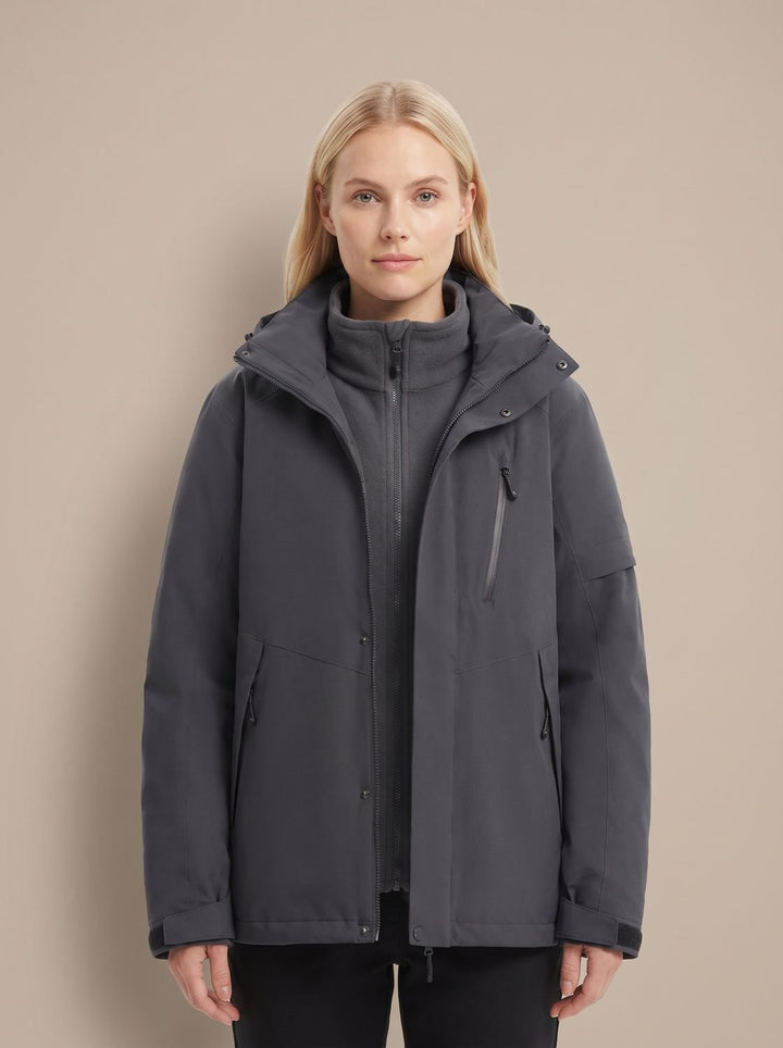 Women's Waterproof Hooded 3-in-1 Winter Jacket Fleece-Lined - Black